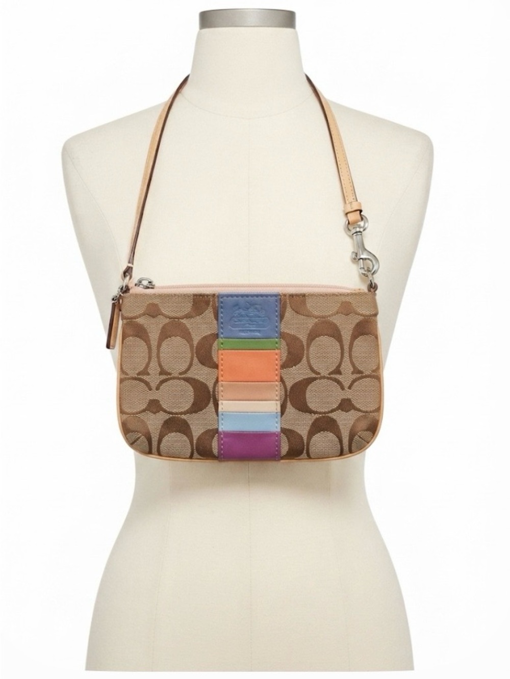 MINI. Coach signature khaki and brown fabric wristlet accented